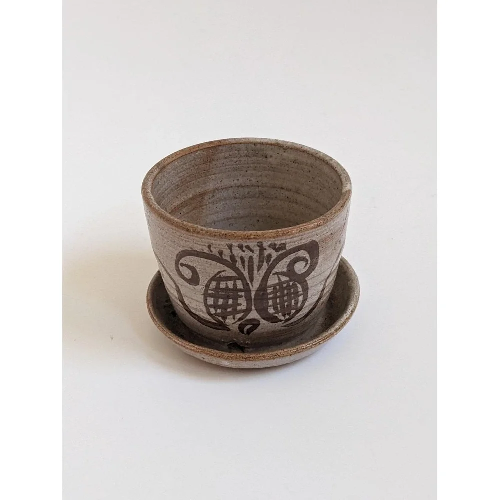 Vintage 1970s Studio Pottery Planter Saucer Small Butterfly Hand Painted Pot 3